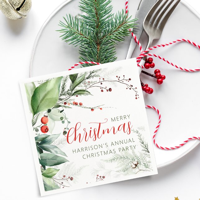 Festive Watercolor Greenery Merry Christmas Napkins (Festive Watercolor Greenery Merry Christmas Napkins)