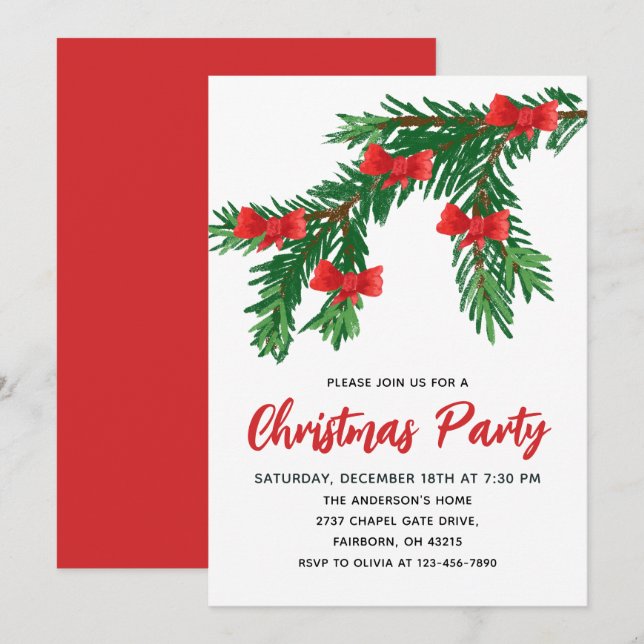 Festive Watercolor Greenery Red Bow Christmas Invitation (Front/Back)