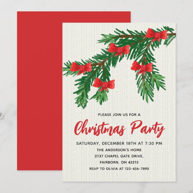 Festive Watercolor Greenery Red Bow Christmas Invitation (Front/Back)