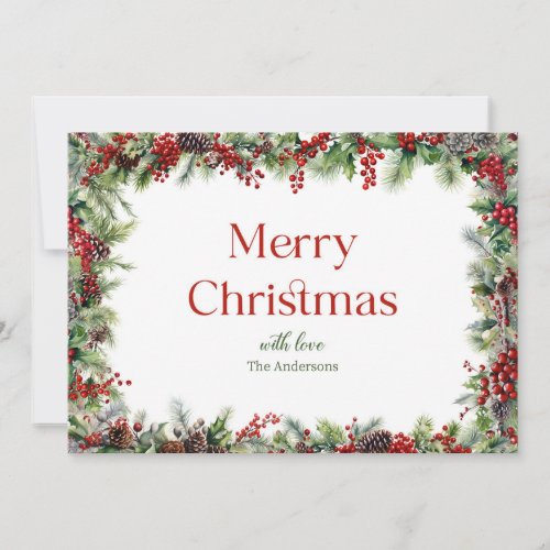 Festive watercolor greenery with red holly berries holiday card