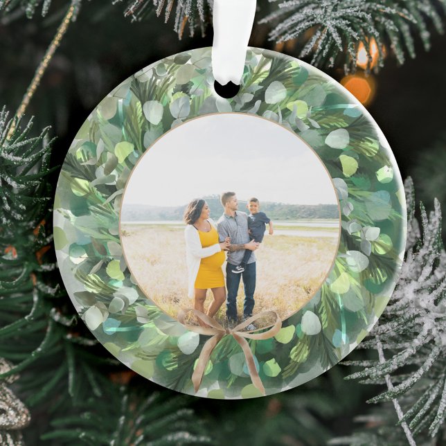 Festive Watercolor Greenery Wreath Family Photo Ornament (Festive Watercolor Greenery Wreath Family Photo Ornament)