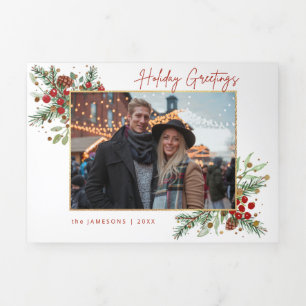 Festive Watercolor Holiday Floral w/Script & Photo Tri-Fold Card