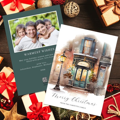 Festive Watercolor Holiday Photo Christmas Card