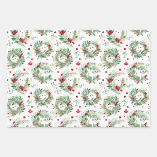 Festive Watercolor Holly and Berries Christmas Wrapping Paper Sheets