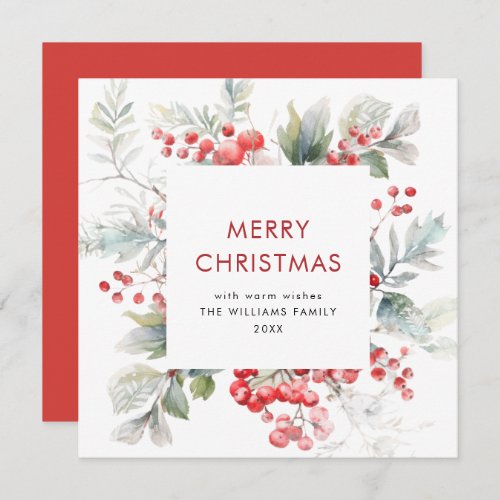 Festive Watercolor Holly Berry Christmas Greenery  Holiday Card