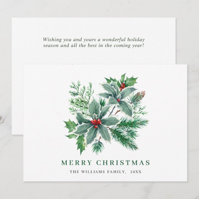 Festive Watercolor Holly Berry Christmas Greeting Holiday Card (Front/Back)