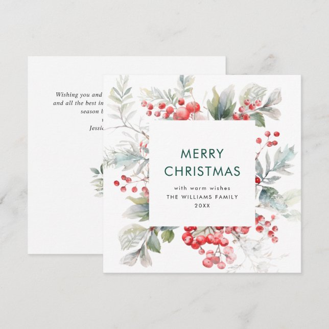 Festive Watercolor Holly Berry Christmas Modern Holiday Card (Front/Back)