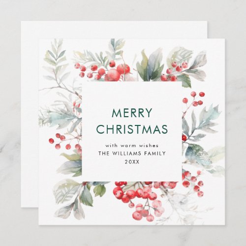 Festive Watercolor Holly Berry Christmas Modern Holiday Card