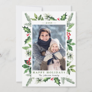 Festive Watercolor Holly Berry Christmas PHOTO Holiday Card