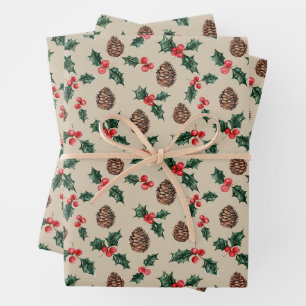 Festive Watercolor Holly Leaves and Pinecones Wrapping Paper Sheets