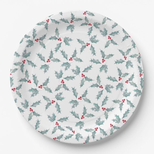 Festive Watercolor Holly Paper Plates (Front)