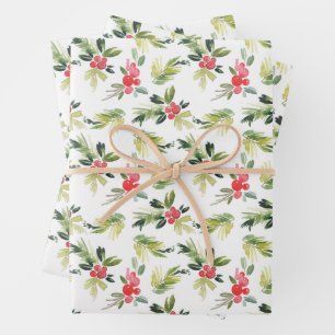 Festive Watercolor Holly Pattern Christmas Wrapping Paper Sheets