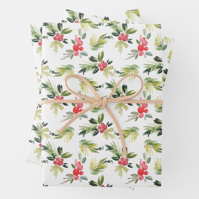 Festive Watercolor Holly Pattern Christmas Wrapping Paper Sheets (In situ)