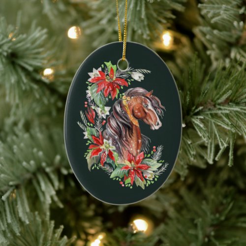 Festive Watercolor Horse Equestrian Christmas  Ceramic Ornament