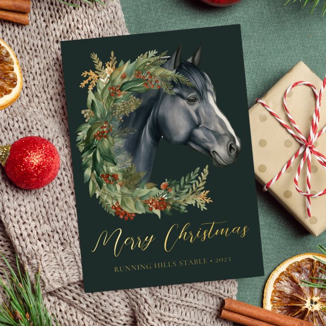 Festive Watercolor Horse Equestrian Christmas Foil Holiday Card (Creator Uploaded)