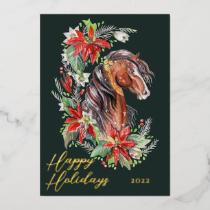 Festive Watercolor Horse Equestrian Happy Holidays Foil Holiday Card