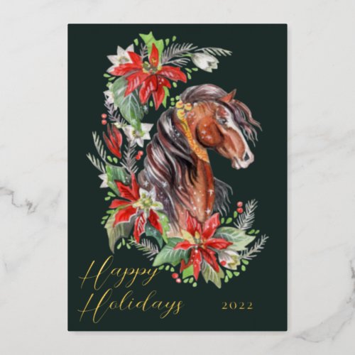 Festive Watercolor Horse Equestrian Happy Holidays Foil Holiday Card