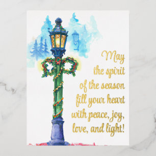 Festive Watercolor Lamp Post Christmas Foil Holiday Postcard