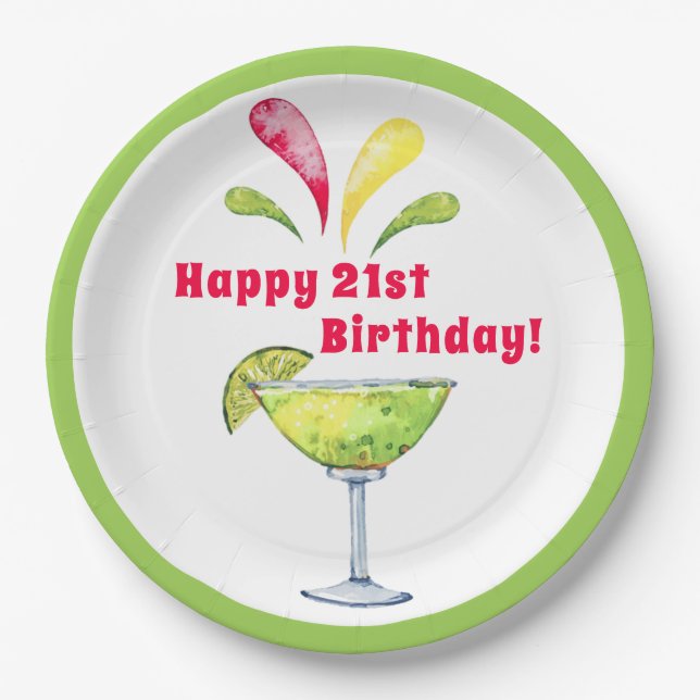 Festive Watercolor Margarita | Birthday Paper Plates (Front)