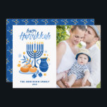 Festive Watercolor Menorah Happy Hanukkah Photo Holiday Card<br><div class="desc">Happy Hanukkah! Send Hanukkah wishes to family and friends with this customizable photo flat card. It features watercolor illustrations of Hanukkah symbols such as Hanukkiah or menorah,  sufganiyot,  olives and dreidel. Personalize by adding names and a photo.</div>