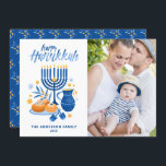 Festive Watercolor Menorah Happy Hanukkah Photo Holiday Card<br><div class="desc">Happy Hanukkah! Send Hanukkah wishes to family and friends with this customizable photo flat card. It features watercolor illustrations of Hanukkah symbols such as Hanukkiah or menorah,  sufganiyot,  olives and dreidel. Personalize by adding names and a photo.</div>