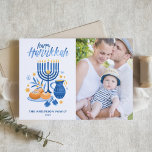 Festive Watercolor Menorah Happy Hanukkah Photo Holiday Card<br><div class="desc">Happy Hanukkah! Send Hanukkah wishes to family and friends with this customizable photo card. It features watercolor illustrations of Hanukkah symbols such as Hanukkiah or menorah,  sufganiyot,  olives and dreidel. Personalize by adding names and a photo.</div>