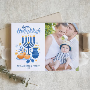 Festive Watercolor Menorah Happy Hanukkah Photo Holiday Card