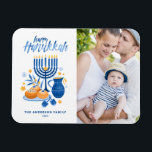 Festive Watercolor Menorah Happy Hanukkah Photo Magnet<br><div class="desc">Happy Hanukkah! Send Hanukkah wishes to family and friends with this customizable photo magnet. It features watercolor illustrations of Hanukkah symbols such as Hanukkiah or menorah,  sufganiyot,  olives and dreidel. Personalize by adding names and a photo.</div>