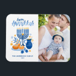 Festive Watercolor Menorah Happy Hanukkah Photo Magnet<br><div class="desc">Happy Hanukkah! Send Hanukkah wishes to family and friends with this customizable photo magnet. It features watercolor illustrations of Hanukkah symbols such as Hanukkiah or menorah,  sufganiyot,  olives and dreidel. Personalize by adding names and a photo.</div>