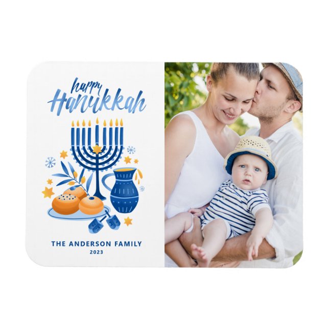 Festive Watercolor Menorah Happy Hanukkah Photo Magnet (Horizontal)