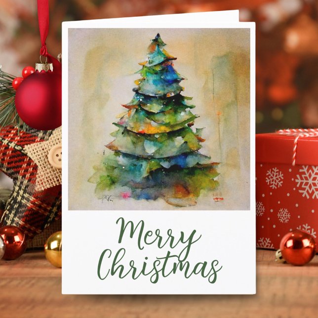 Festive Watercolor Merry Christmas Tree Artistic Holiday Card (Creator Uploaded)
