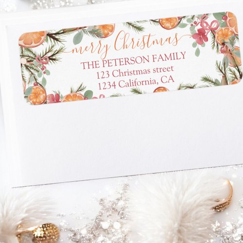 Festive Watercolor Orange Floral Merry Christmas Label