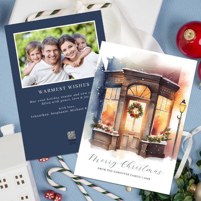 Festive Watercolor Photo Merry Christmas Holiday Card (Merry Christmas Navy Blue Watercolor Photo Holiday Card)