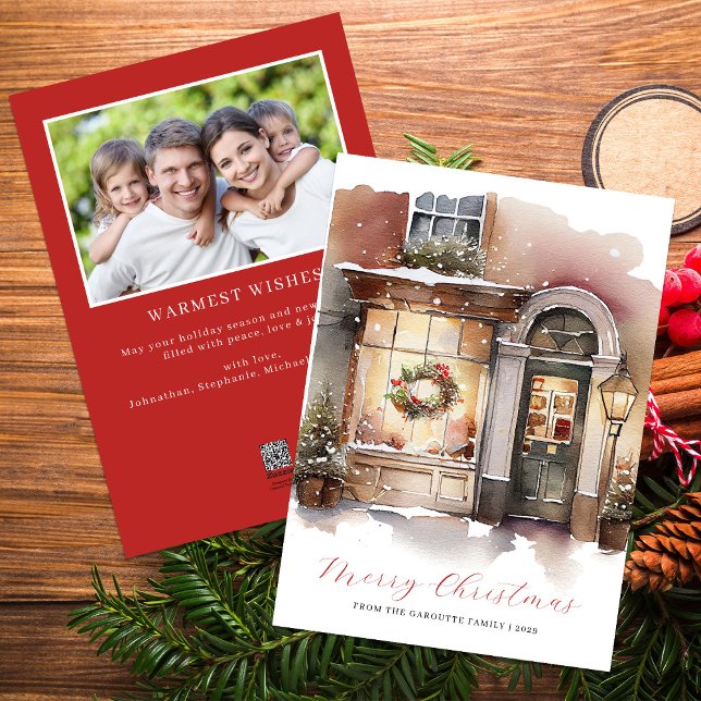 Festive Watercolor Photo Merry Christmas Holiday Card (Merry Christmas Watercolor Photo Red Holiday Card)