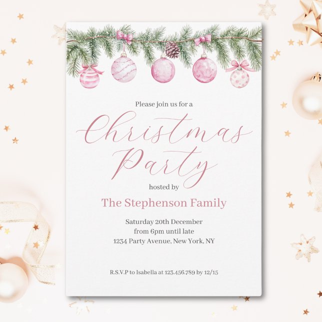Festive Watercolor Pink Bauble Christmas Party Invitation (Creator Uploaded)