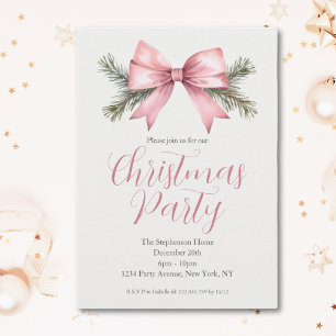 Festive Watercolor Pink Bow Christmas Party Invitation