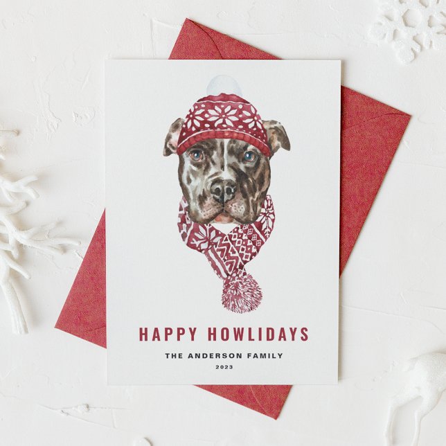 Festive Watercolor Pitbull Happy Howlidays Holiday Card (Creator Uploaded)