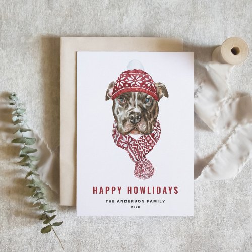 Festive Watercolor Pitbull Happy Howlidays Holiday Postcard