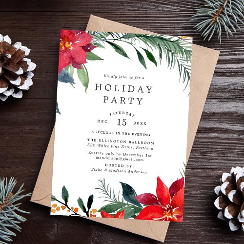 Festive Watercolor Poinsettia Wreath Holiday Invitation