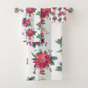 Festive Watercolor Poinsettias & Sage Stripes Bath Towel Set