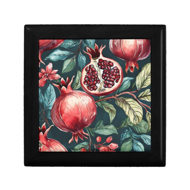 Festive Watercolor Pomegranate Fruit and Leaves Gift Box (Front)