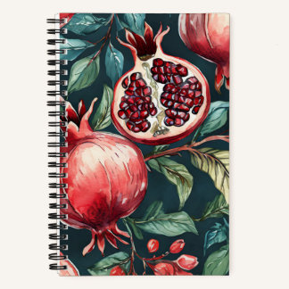 Festive Watercolor Pomegranate Fruit and Leaves Notebook