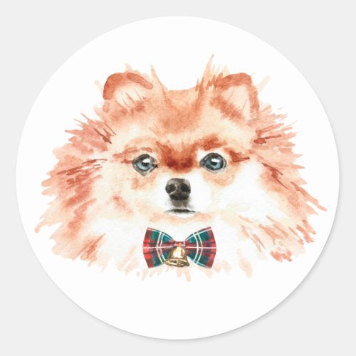 Festive Watercolor Pomeranian Dog Christmas Classic Round Sticker