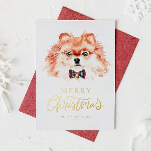 Festive Watercolor Pomeranian Dog Merry Christmas Foil Holiday Card