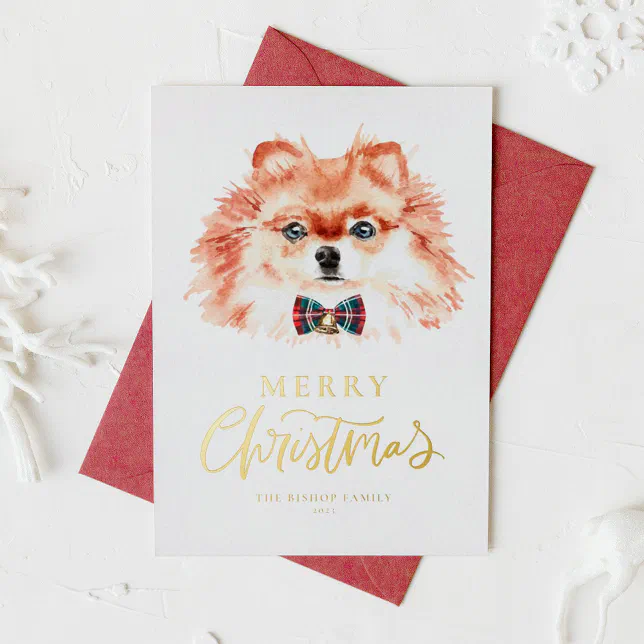 Festive Watercolor Pomeranian Dog Merry Christmas Foil Holiday Card ...