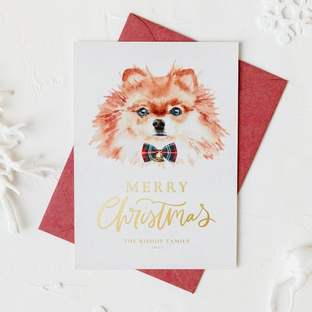 Festive Watercolor Pomeranian Dog Merry Christmas Foil Holiday Card (Creator Uploaded)