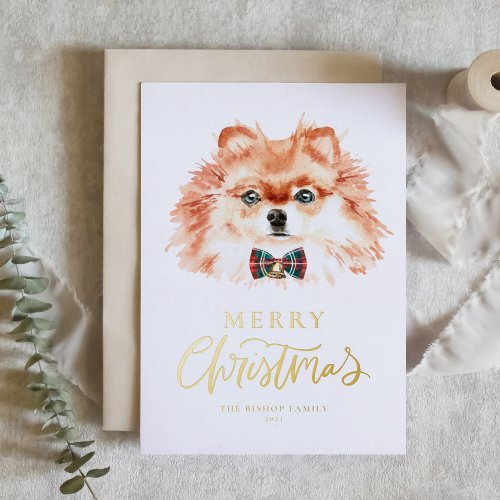 Festive Watercolor Pomeranian Dog Merry Christmas Foil Holiday Postcard