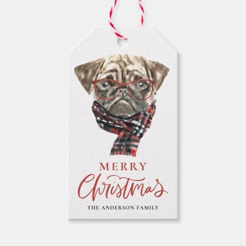 Festive Watercolor Pug Merry Christmas Gift Tags