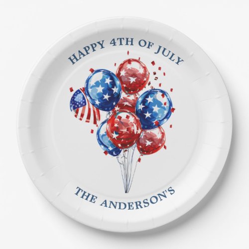 Festive watercolor red and blue balloons 4th July Paper Plates