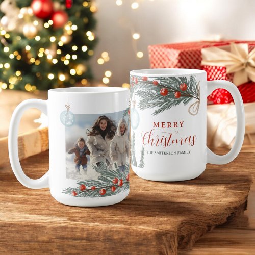 Festive Watercolor Red Green photo Merry Christmas Coffee Mug